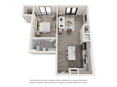A floor plan of a small apartment with a kitchen, living room, and bathroom.